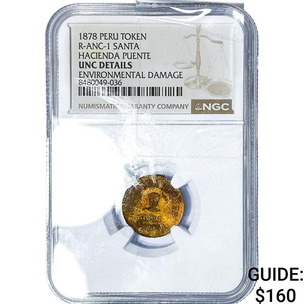 1878 Peru Hacienda Puente Copper Token NGC UNC Details