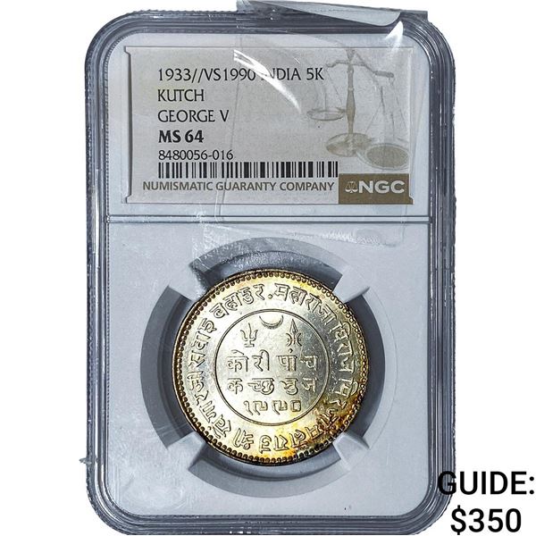 1933 British India Silver 5 Kori NGC MS64