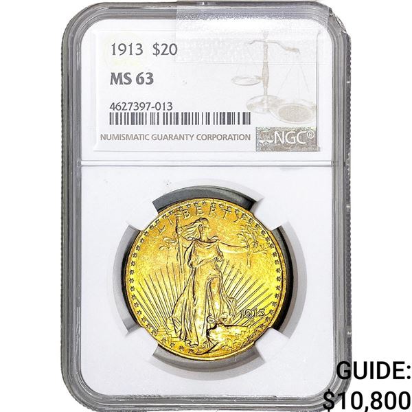 1913 $20 Gold Double Eagle NGC MS63
