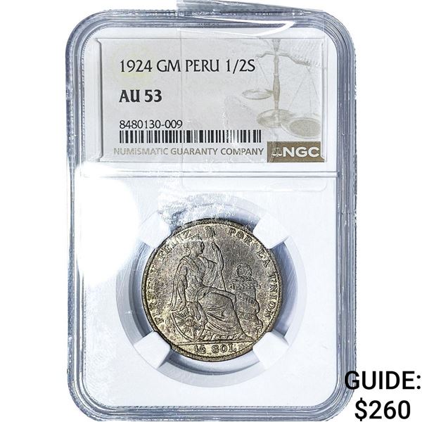 1924 Peru Silver 1/2 Sol NGC AU53