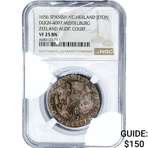 1656 Spanish Netherlands Zeeland Audit Court Bronze Jeton NGC VF25 BN