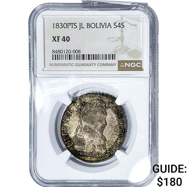1830-PTS Bolivia Silver 4 Soles NGC XF40