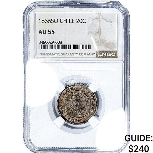 1866-SO Chile Silver 20 Centavos NGC AU55