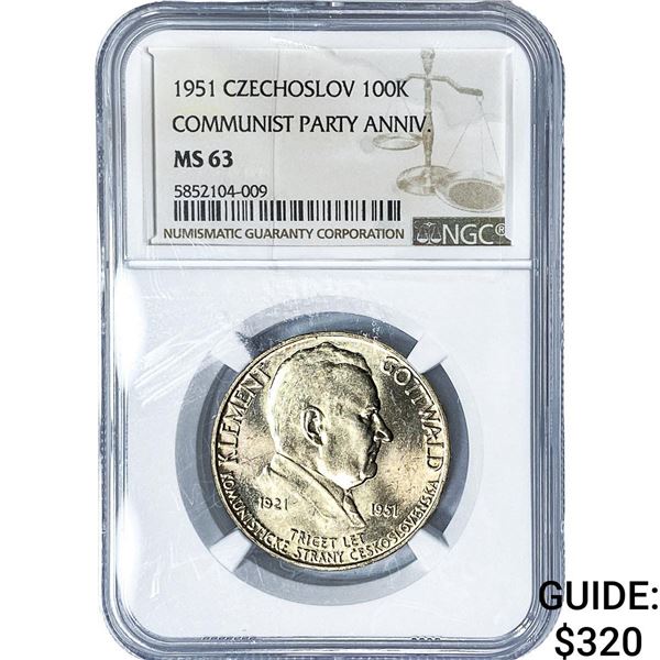 1951 Czechoslovakia Communist Party Anniv. Silver 100 Korun NGC MS63
