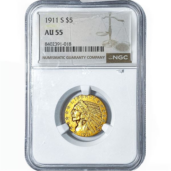 1911-S $5 Gold Half Eagle NGC AU55