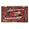 Image 1 : Cased Pair of 20th Century Reproduction Dueling Pistols -A) Unmarked Engraved Pistol in Case with Ac