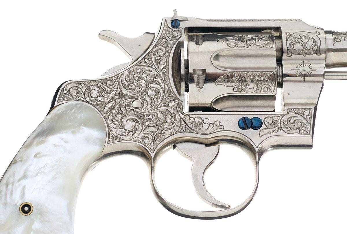 Custom Engraved Colt Officers Model Double Action Revolver with Pearl Grips