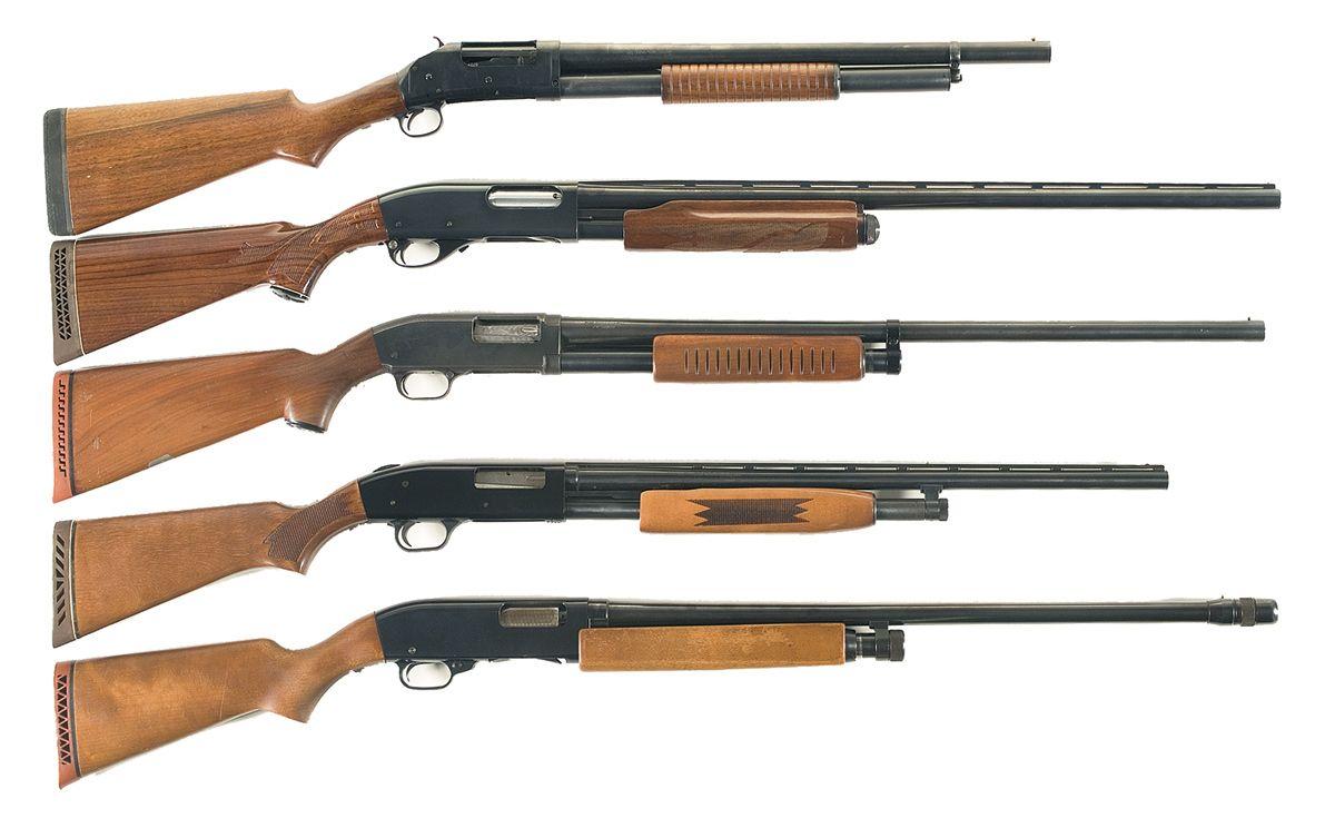 Five Slide Action Shotguns A) E.M.F. Model 1897 Hartford Slide Action Shotgun B) Remington Model 8