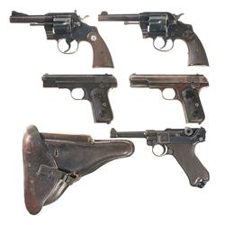 Four Colt and One German Handguns -A) Colt Trooper Model Double Action Revolver  B) Colt Model 1903 
