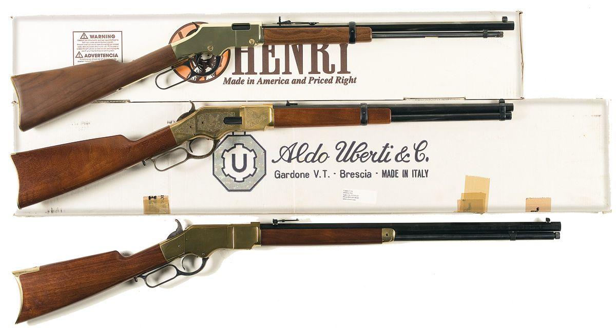 Three Lever Action Long Guns A Henry Golden Boy 22 Caliber Lever Action Rifle With Box B Uber