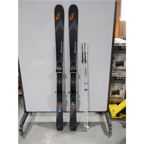 *USAGÉ* NORDICA SKIS ALPINS 65" AVEC FIXATIONS ET BÂTONS