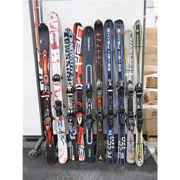 LOT OF 10 ASSORTED *USED* ALPINE SKIS WITH BINDINGS