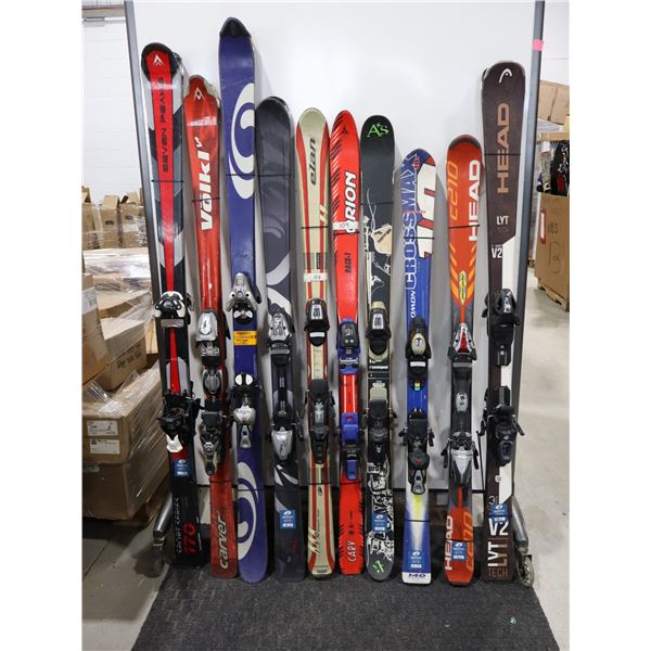 LOT OF 10 ASSORTED *USED* ALPINE SKIS WITH BINDINGS