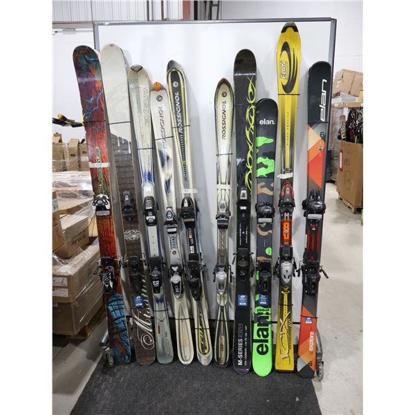 LOT OF 10 ASSORTED *USED* ALPINE SKIS WITH BINDINGS