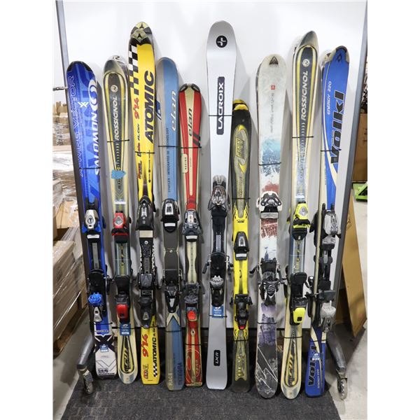 LOT OF 10 ASSORTED *USED* ALPINE SKIS WITH BINDINGS