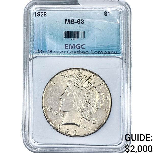 1928 Silver Peace Dollar EMGC MS63