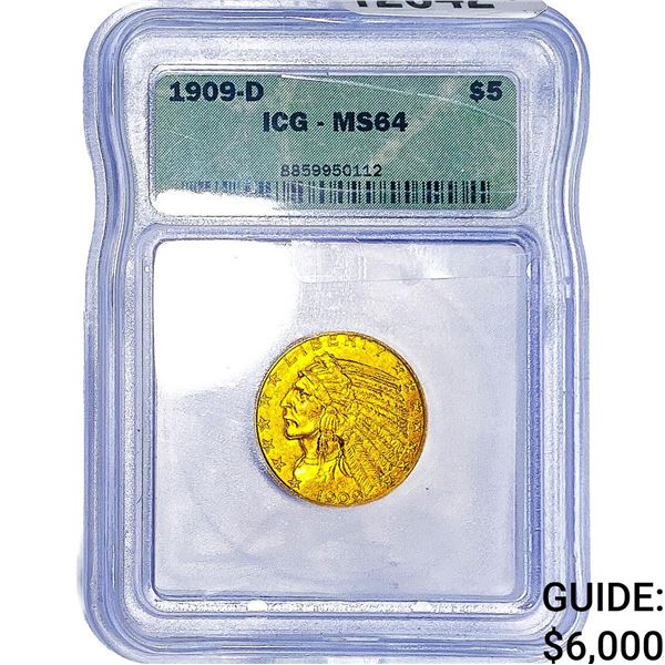 1909-D $5 Gold Half Eagle ICG MS64