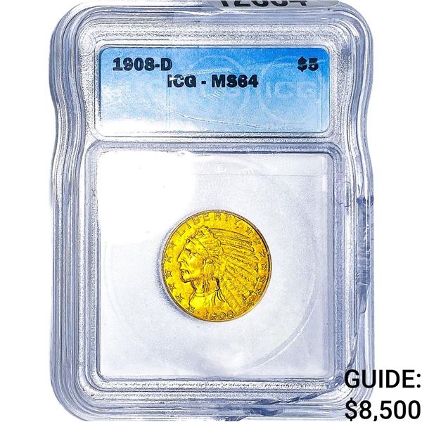 1908-D $5 Gold Half Eagle ICG MS64
