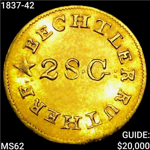 1837-42 C. Bechtler G$1 28G, Centered, N Reversed UNCIRCULATED