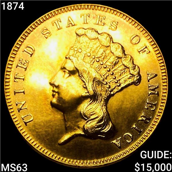 1874 $3 Gold Piece CHOICE BU
