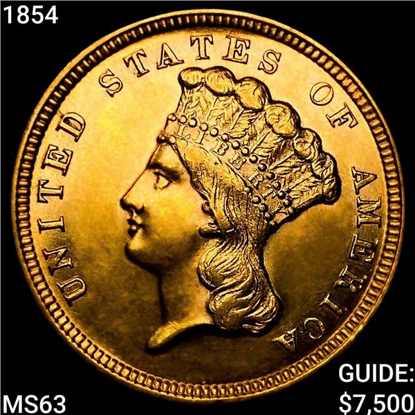 1854 $3 Gold Piece CHOICE BU