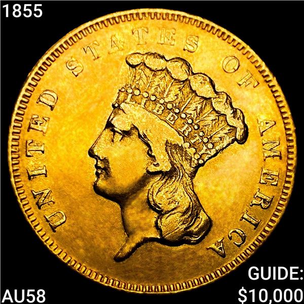 1855 $3 Gold Piece CHOICE AU