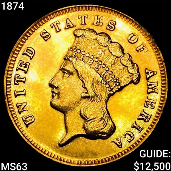 1874 $3 Gold Piece CHOICE BU