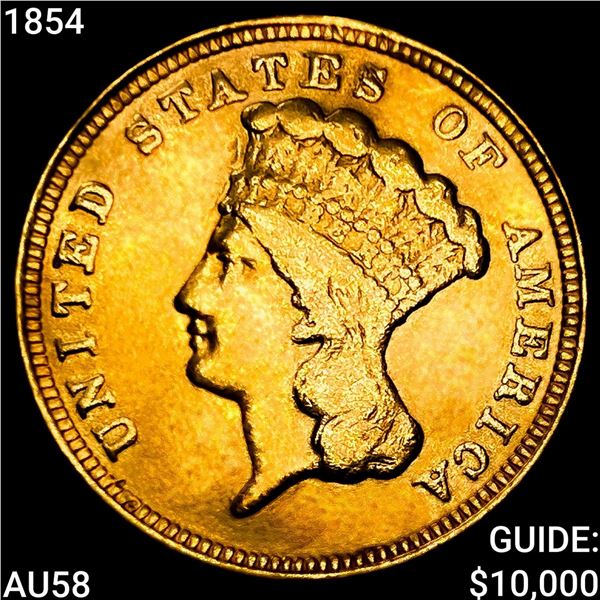 1854 $3 Gold Piece CHOICE AU