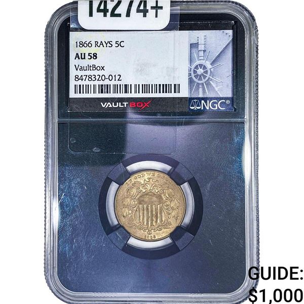 1866 Shield Nickel NGC AU58 RAYS