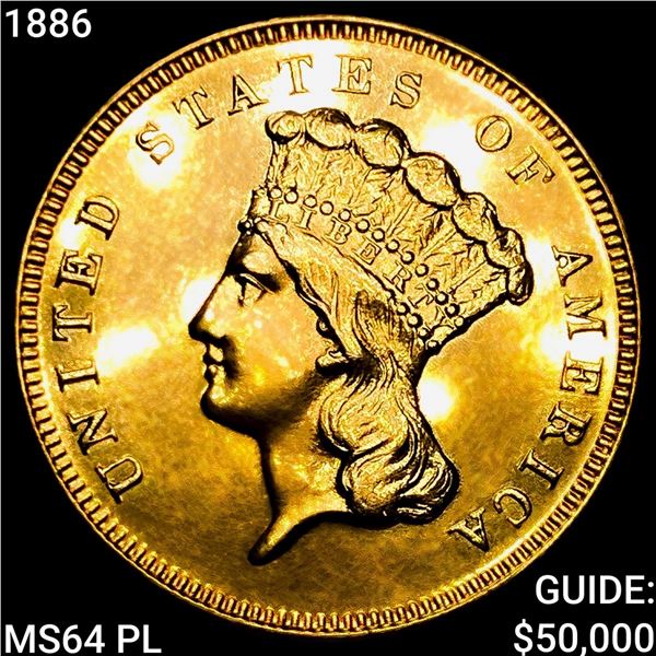 1886 $3 Gold Piece CHOICE BU PL