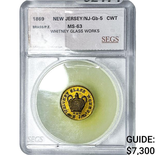 1869 Trade Token Whitney Glass Works NJ SEGS MS63