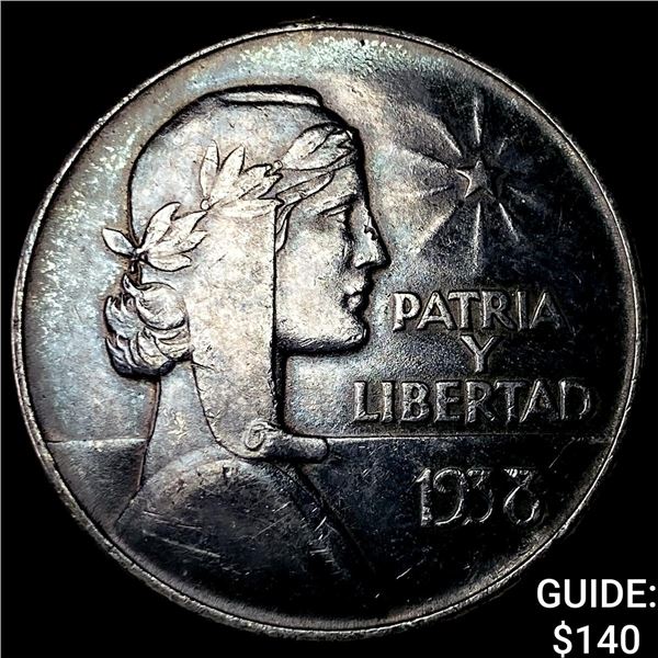 1938 Cuba Silver 1 Peso CHOICE AU
