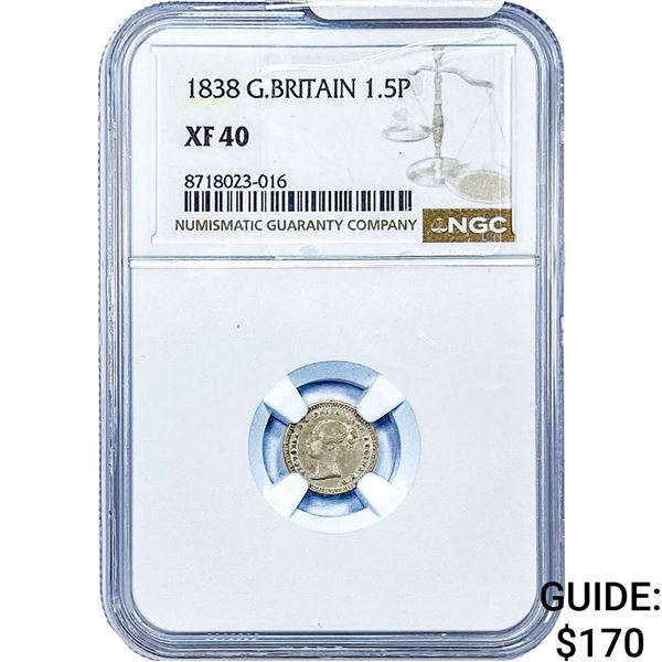 1838 Great Britian Silver 1.5 Pence NGC XF40