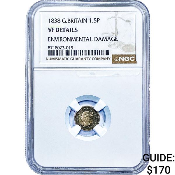 1838 Great Britian Silver 1.5 Pence NGC VF Details