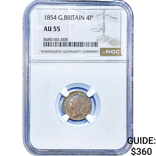 1854 Great Britian Silver 4 Pence Toned! NGC AU55