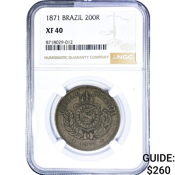 1871 Brazil Silver 200 Reis NGC XF40
