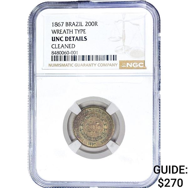 1867 Brazil Silver 200 Reis Rainbow Toning! NGC UNC Details