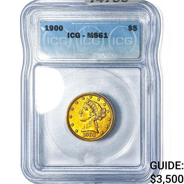1900 $5 Gold Half Eagle ICG MS61