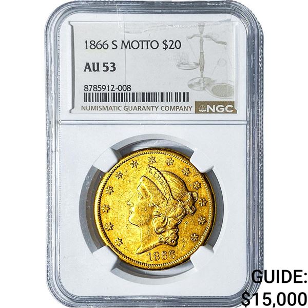 1866-S $20 Gold Double Eagle NGC AU53