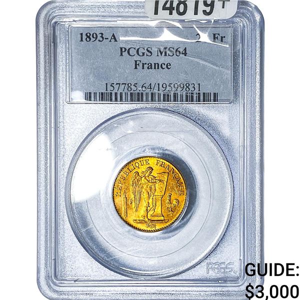 1893-A 20Fr France PCGS MS64
