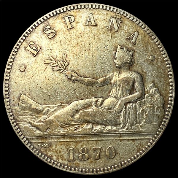 1870 Spain 5 Pesetas Silver Coin NEARLY  UNCIRCULATED