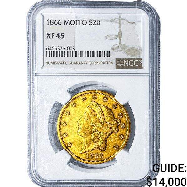1866 $20 Gold Double Eagle NGC XF45 Motto