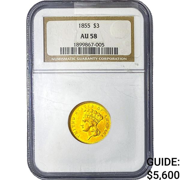 1855 $3 Gold Piece NGC AU58