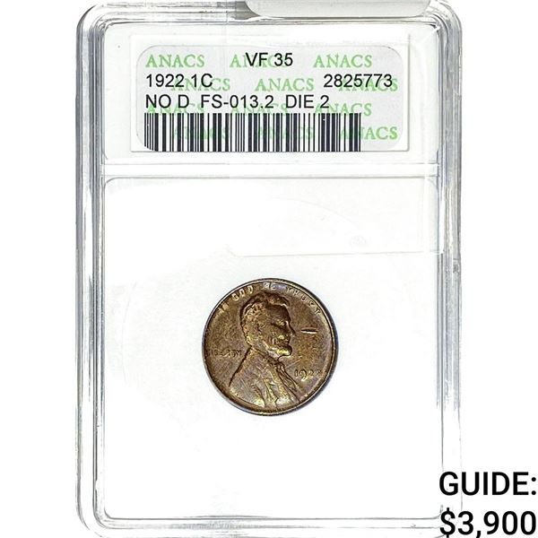 1922 No D Wheat Cent ANACS VF35