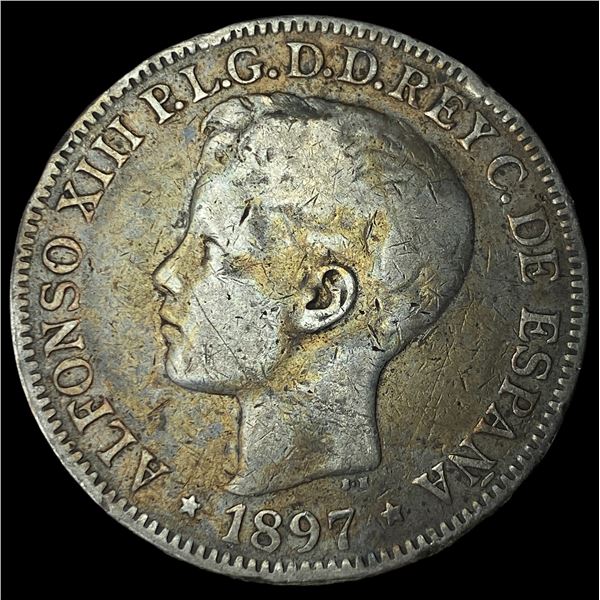 1897 Silver 1 Peso Spain-Philippines LIGHTLY  CIRCULATED