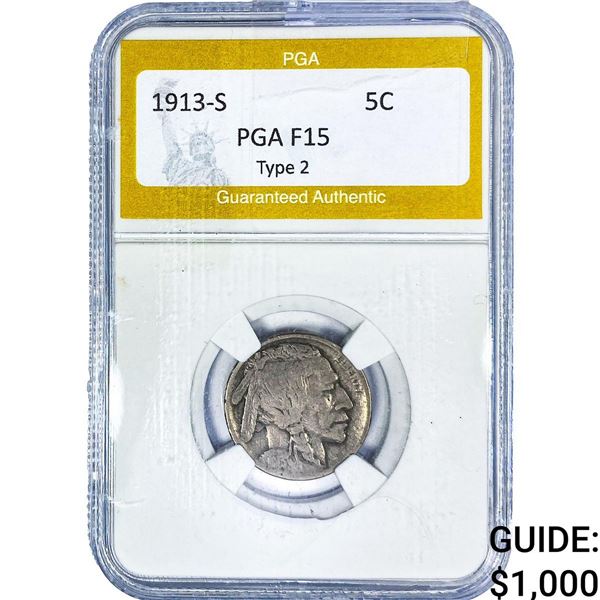 1913-S Buffalo Nickel PGA F15 Type 2