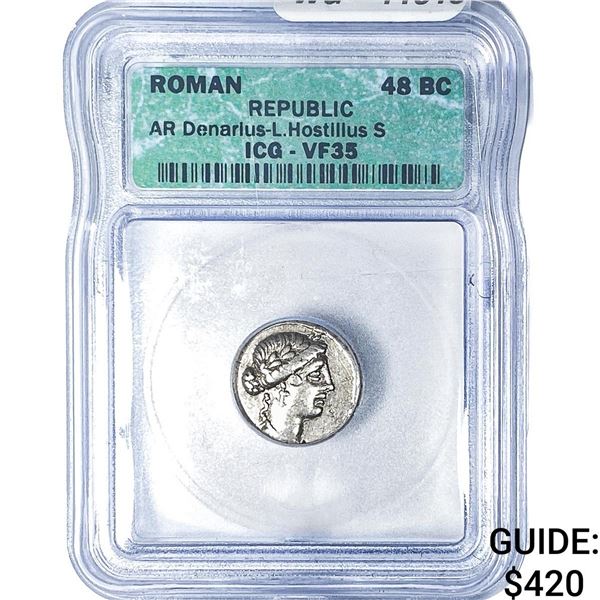 48 BC Roman Republic L. Hostillius Silver Denarius ICG VF35