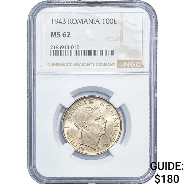 1943 Romania Nickel 100 Lei NGC MS62