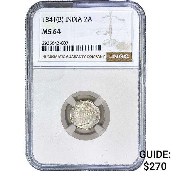1841-(B) British India Silver 2 Annas NGC MS64