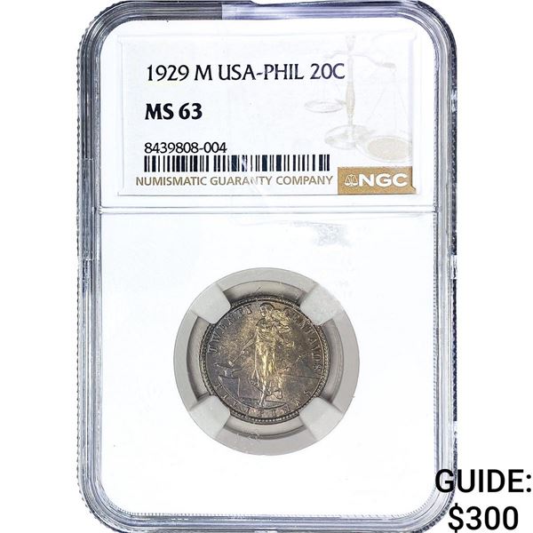 1929 US-Philippines SIlver 20 Centavos Toned! NGC MS63
